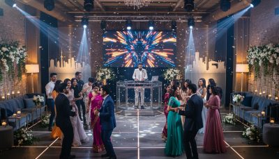 Multicultural wedding dance floor with diverse guests celebrating together