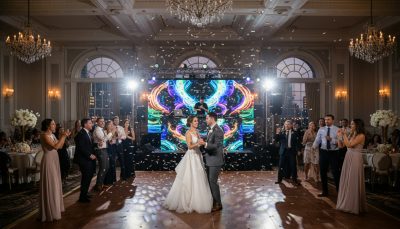 Bride and groom dancing on a busy Toronto wedding dance floor with DJ in background.