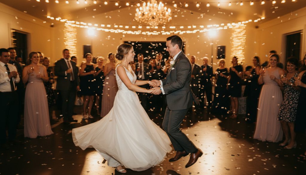 Bride and groom dancing on a lively wedding dance floor in Toronto.