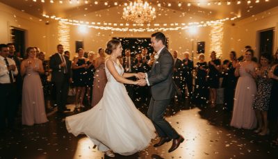 Bride and groom dancing on a lively wedding dance floor in Toronto.