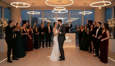 Bride and groom dancing on a packed Toronto wedding dance floor.