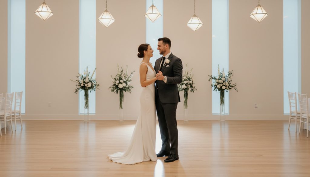 Bride and groom posing on a wedding dance floor with a minimalist backdrop.