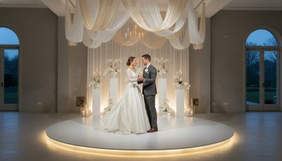 Bride and groom dancing on a clean, minimalist wedding dance floor.