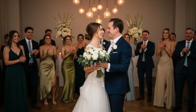 Bride and groom dancing on a lively wedding dance floor.