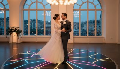 Bride and groom dancing on a wedding dance floor at a European-style celebration.