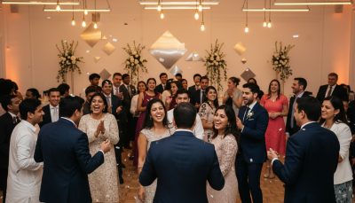 Guests dancing and celebrating at a Toronto-area wedding reception.