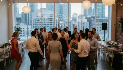 Wedding guests dancing and having fun on a bright Toronto dance floor.