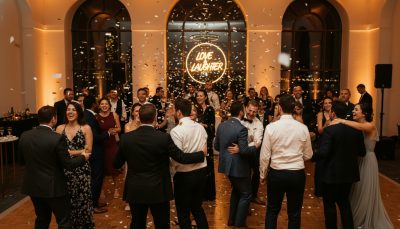 Guests dancing and celebrating at a Toronto wedding reception.