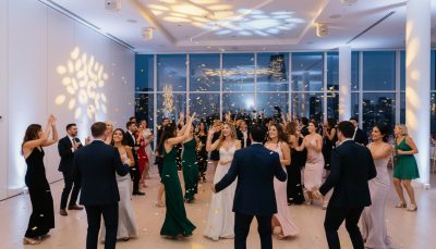 Wedding guests dancing and having fun at a Toronto reception.