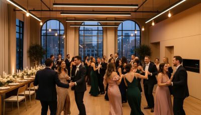 Guests dancing and celebrating at a Toronto wedding reception.