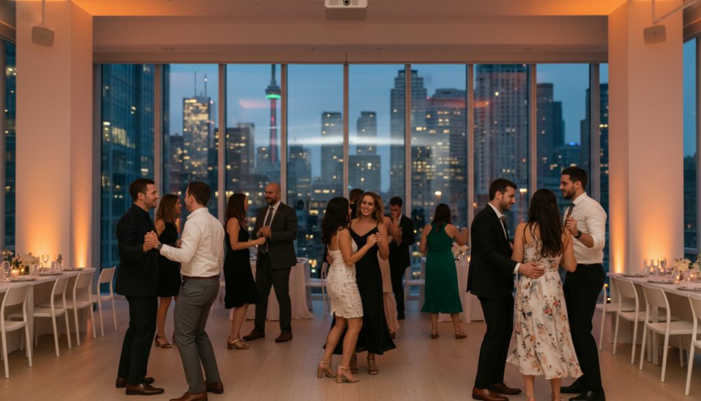Guests dancing and having fun at a Toronto wedding reception.