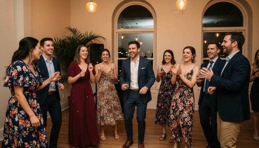 Wedding guests dancing and enjoying the reception.