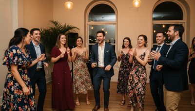 Wedding guests dancing and enjoying the reception.