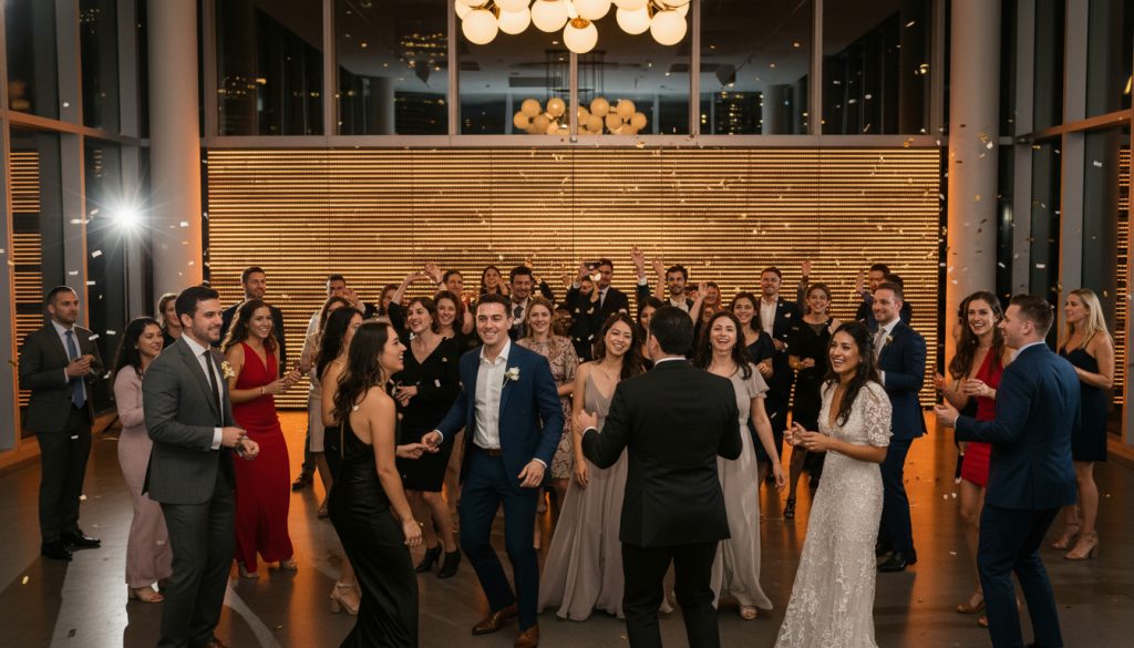 Guests dancing and celebrating on a lively wedding dance floor.