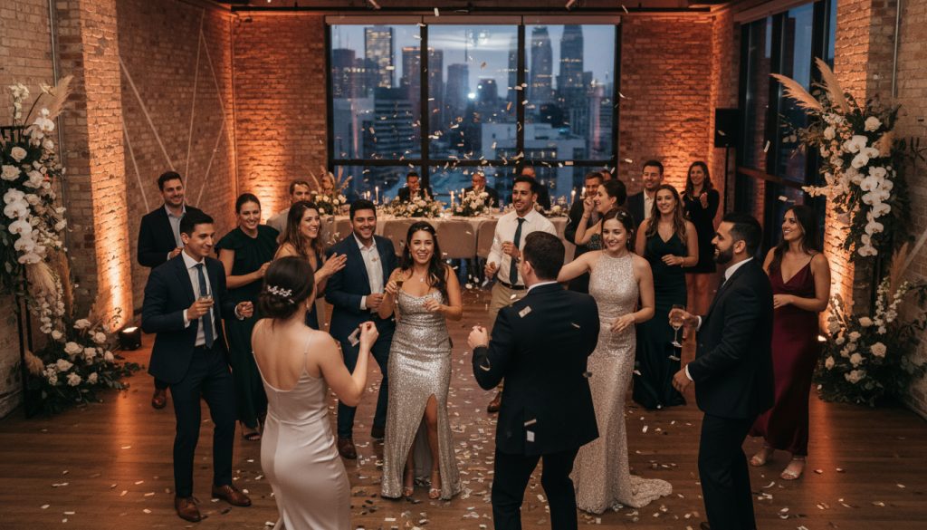 Wedding guests dancing and enjoying the reception in Toronto.