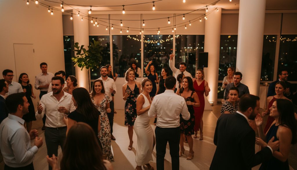 Guests dancing at a European wedding reception in Toronto.
