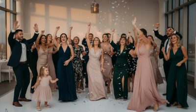 Guests dancing and celebrating during a long European-style wedding reception.