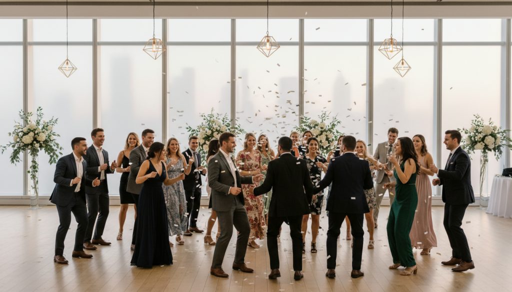 Guests dancing and smiling at a Toronto wedding with clean bright lighting.