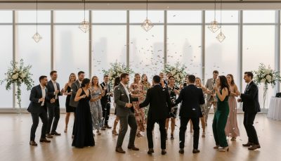 Guests dancing and smiling at a Toronto wedding with clean bright lighting.