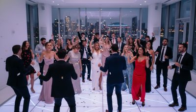 Wedding guests dancing at a Toronto reception with a simple background.