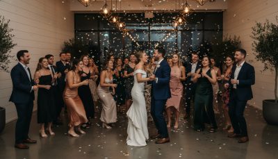 Wedding guests dancing and having fun at a Toronto wedding reception.
