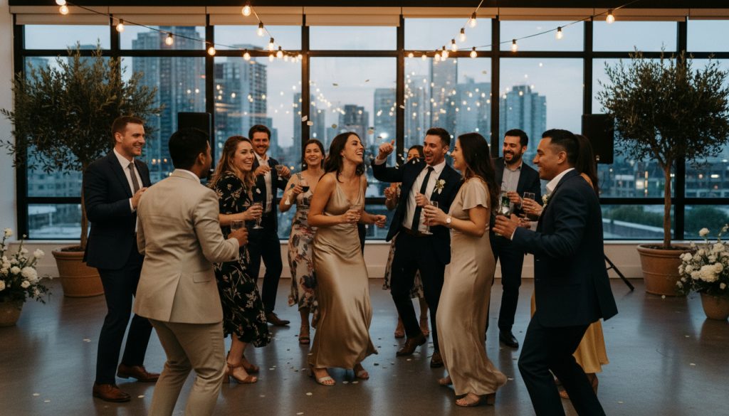 Wedding guests dancing at a Toronto reception with a minimalist background.