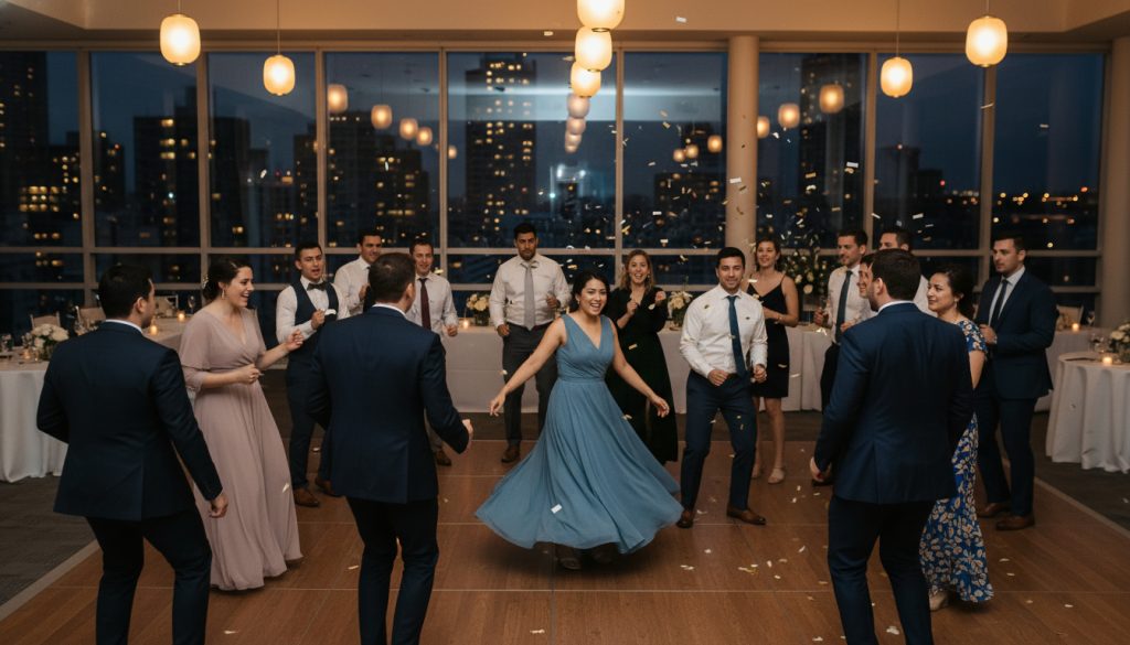 Guests dancing at a Toronto wedding with lively energy.