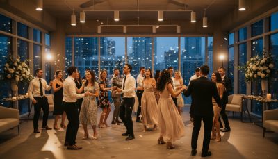 Wedding guests dancing and having fun on the dance floor