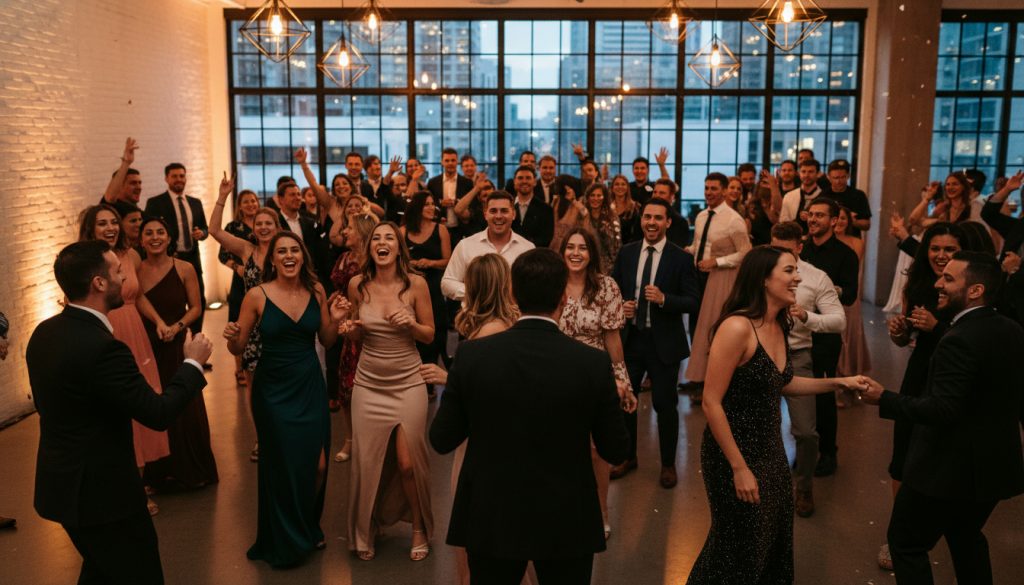 Wedding guests dancing and having fun during reception