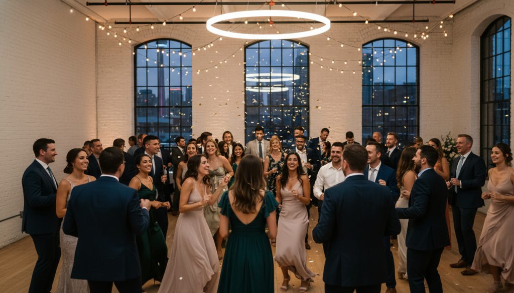 Guests dancing and having fun at a Toronto wedding reception.