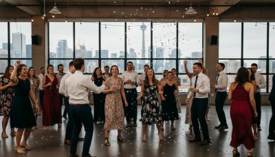 Guests dancing and having fun at a Toronto wedding reception.