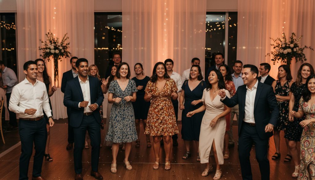 Guests dancing and enjoying a multicultural wedding reception.
