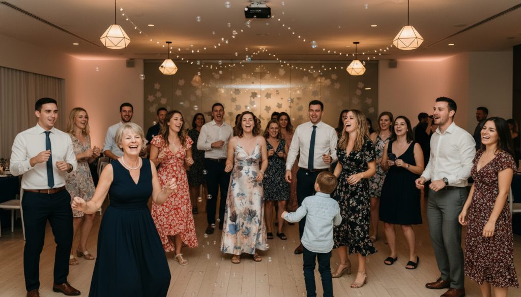 Guests of all ages dancing together at a Toronto wedding reception.