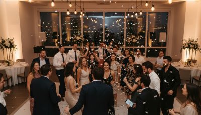 Guests dancing at a Toronto wedding reception with a clean minimalist background.