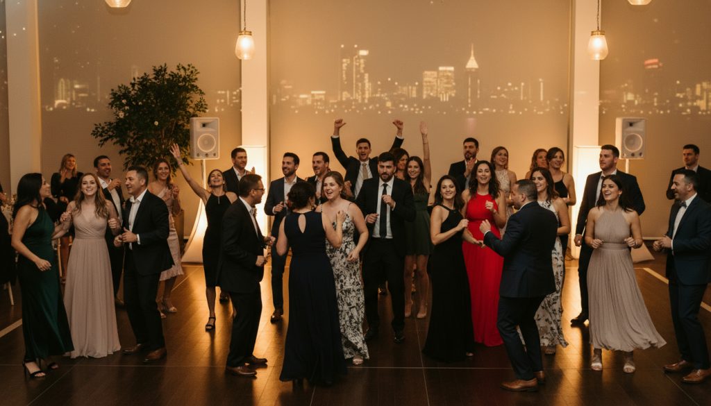 Guests dancing at a long Toronto wedding reception with a lively atmosphere.