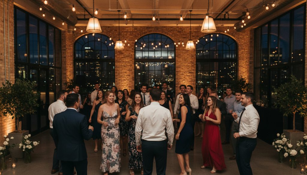 Wedding guests dancing and celebrating on the dance floor.