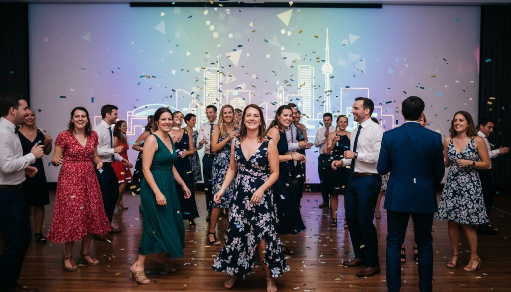 Guests dancing and having fun at a Toronto wedding reception.