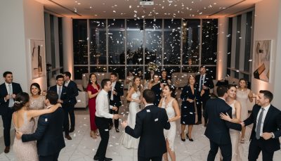 Wedding guests dancing and having fun during Toronto reception.