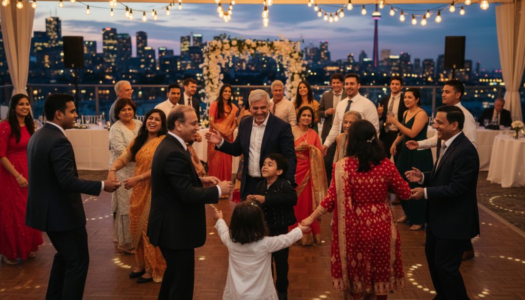 Wedding guests of all ages dancing and enjoying a lively Toronto reception.