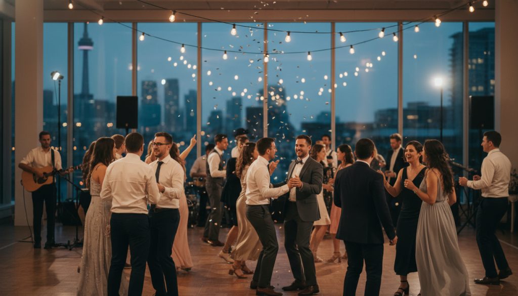 Guests dancing at a Toronto wedding reception with lively energy.