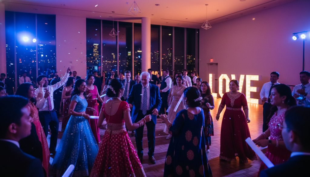 Wedding guests of all ages dancing together at a Toronto reception.