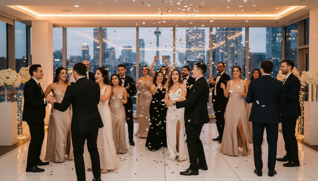 Guests dancing and having fun at a Toronto wedding reception.