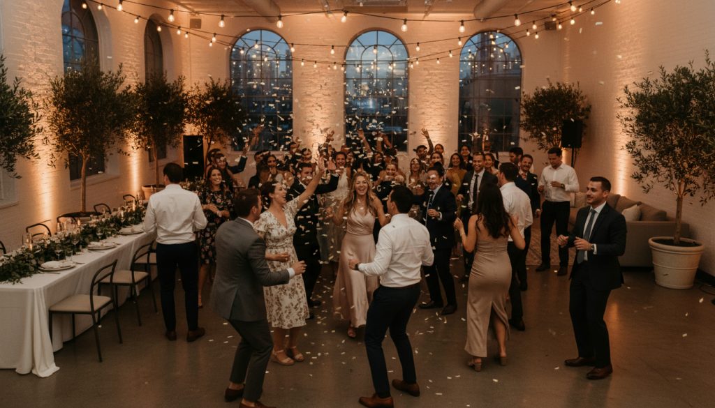 Wedding guests dancing and enjoying the reception with a minimalist background.