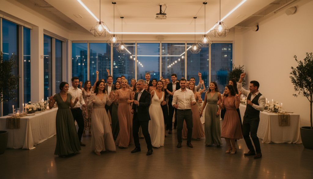 Wedding guests dancing and having fun at a Toronto reception.