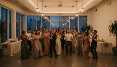 Wedding guests dancing and having fun at a Toronto reception.