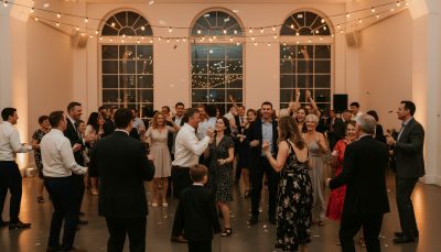 Wedding guests dancing and having fun at a Toronto reception.