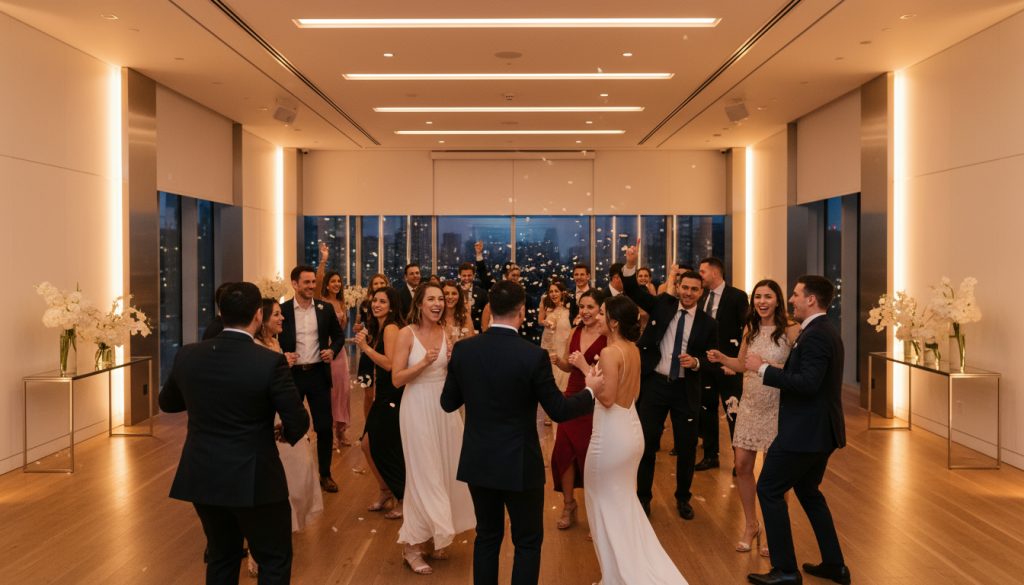 Guests dancing and having fun at a Toronto wedding reception.