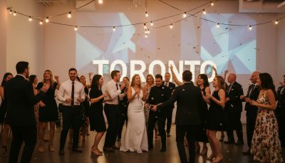 Guests dancing and having fun at a Toronto wedding reception.