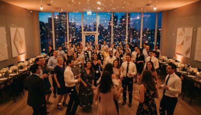 Wedding guests dancing and enjoying the reception.