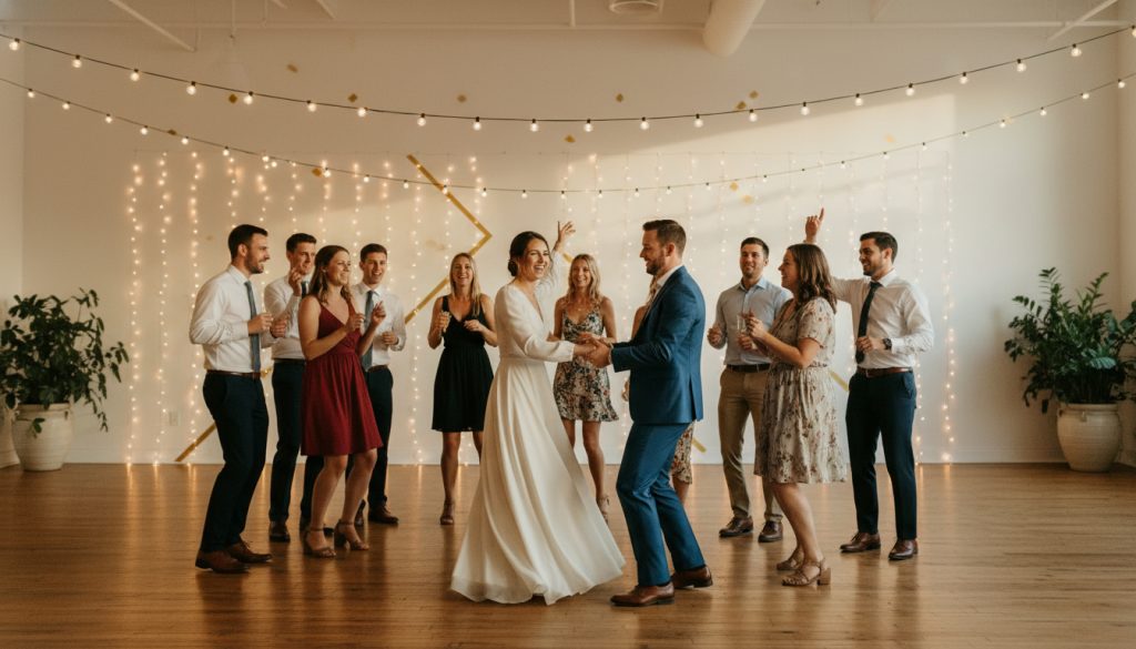 Guests dancing at a Toronto wedding reception with a clean, minimalist background.